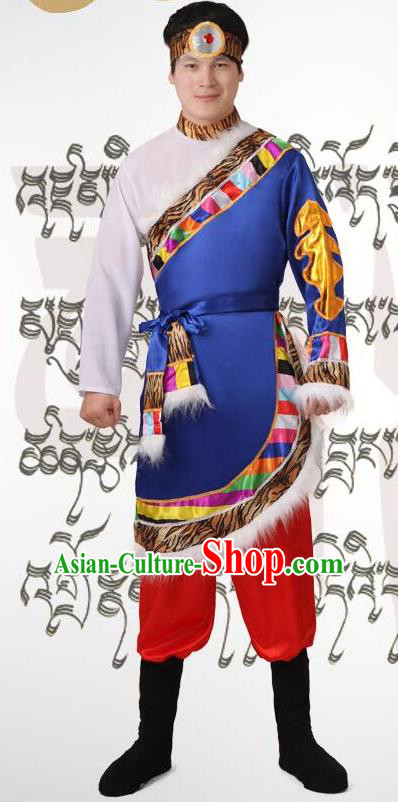 Traditional Chinese Zang Nationality Dancing Costume, Tibetan Folk Dance Dress, Chinese Tibetan Minority Nationality Blue Clothing for Men