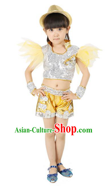 Chinese Modern Dance Costume, Children Opening Classic Chorus Uniforms, Jazz Dance Yellow Paillette Suit for Girls Kids