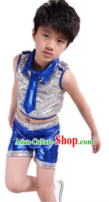 Chinese Modern Dance Costume, Children Opening Classic Chorus Uniforms, Jazz Dance Blue Paillette Suit for Boys Kids