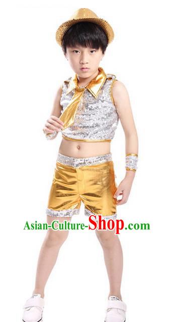 Chinese Modern Dance Costume, Children Opening Classic Chorus Uniforms, Jazz Dance Yellow Paillette Suit for Boys Kids