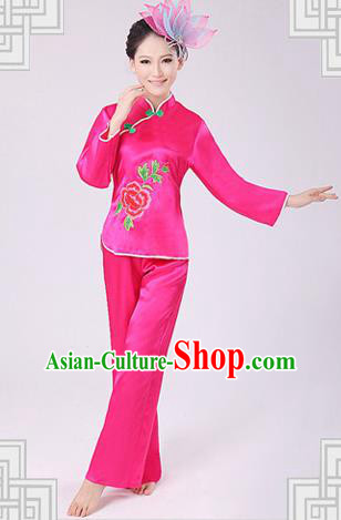 Traditional Chinese Yangge Fan Dancing Costume, Folk Dance Yangko Costume Drum Dance Pink Clothing for Women