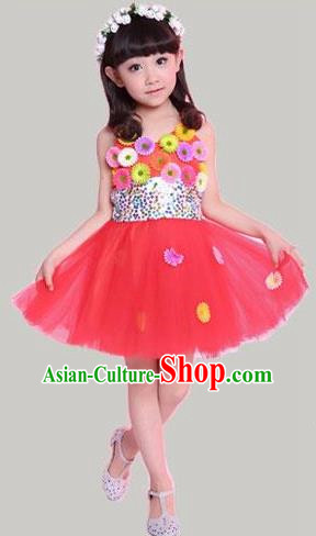 Traditional Chinese Modern Dance Compere Performance Costume, Children Opening Dance Chorus Flowers Dress, Classic Dance Red Bubble Dress for Girls Kids