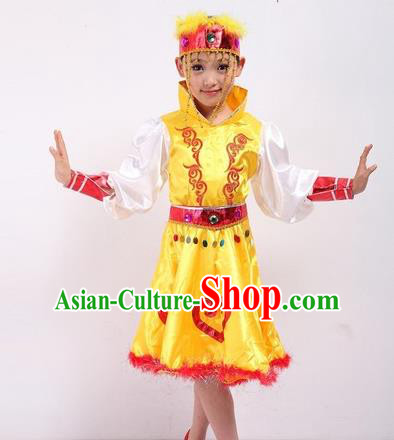 Traditional Chinese Mongol Nationality Dancing Costume, Mongols Children Folk Dance Ethnic Pleated Skirt, Chinese Minority Nationality Yellow Dress for Kids