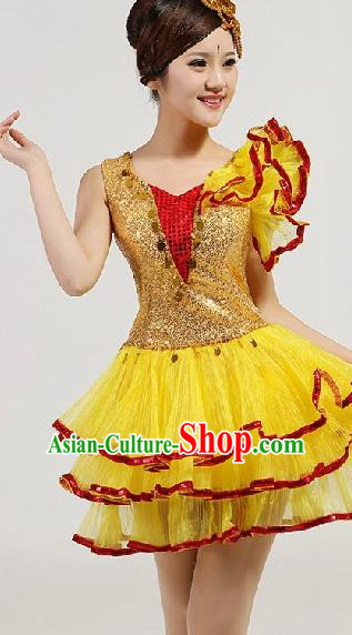 Chinese Compere Performance Costume, Opening Dance Chorus Dress, Modern Dance Classic Dance Yellow Bubble Dress for Women