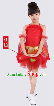 Top Compere Performance Catwalks Costume, Children Chorus Red Dress with Wings, Modern Dance Princess Short Red Bubble Dress for Girls Kids