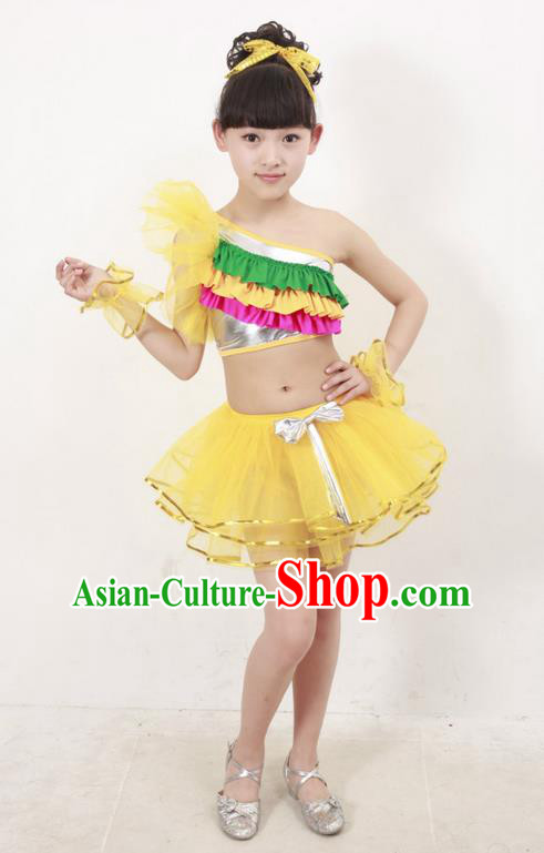 Top Compere Performance Catwalks Costume, Children Chorus Dress, Modern Latin Dance Yellow Veil Bubble Dress for Girls Kids
