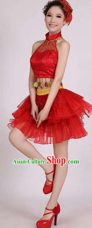 Traditional Chinese Modern Dance Costume, Women Opening Dance Chorus Group Uniforms Short Paillette Red Bubble Dress for Women