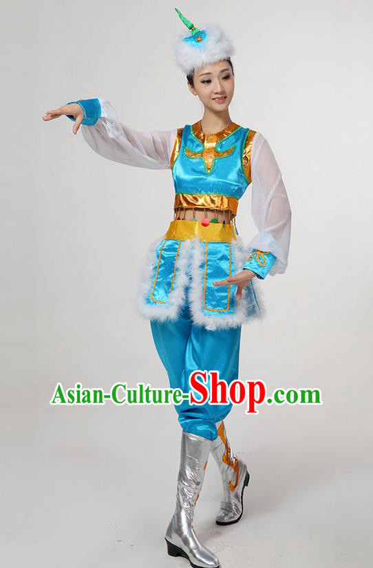 Traditional Chinese Mongol Nationality Dancing Costume, Mongols Female Folk Dance Ethnic Clothing, Chinese Mongolian Minority Nationality Blue Costume for Women