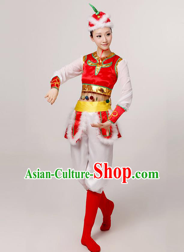 Traditional Chinese Mongol Nationality Dancing Costume, Mongols Female Folk Dance Ethnic Clothing, Chinese Mongolian Minority Nationality Red Costume for Women
