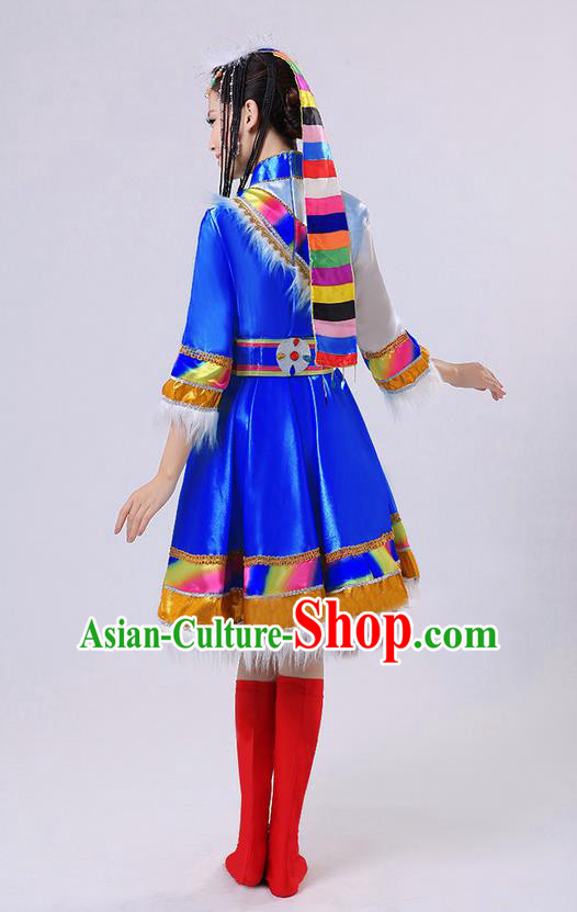 Traditional Chinese Zang Nationality Dancing Costume, Tibetan Female Folk Dance Ethnic Pleated Skirt, Chinese Tibetan Minority Blue Dress for Women