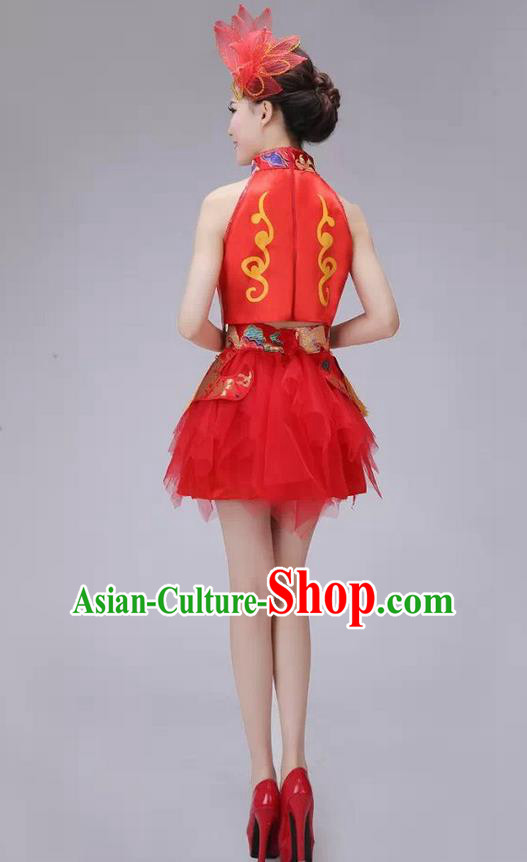 Traditional Chinese Modern Dance Costume, China Style Women Opening Dance Chorus Group Uniforms Short Red Bubble Dress for Women