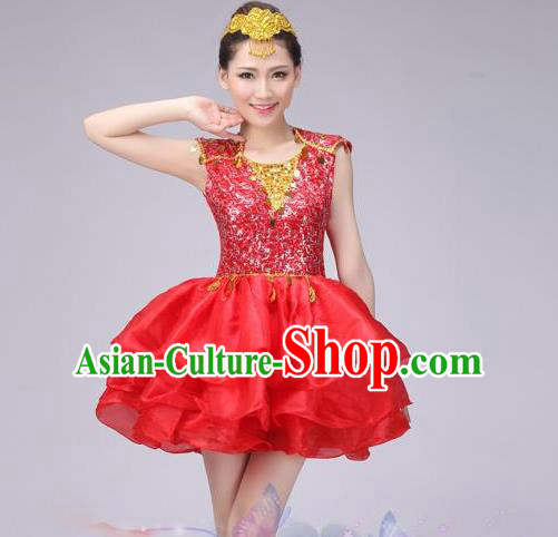 Traditional Chinese Modern Dance Costume, China Style Women Opening Dance Chorus Group Uniforms Red Paillette Short Bubble Dress for Women