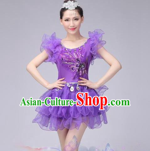 Traditional Chinese Modern Dance Costume, Women Opening Dance Chorus Group Uniforms Short Purple Bubble Dress for Women