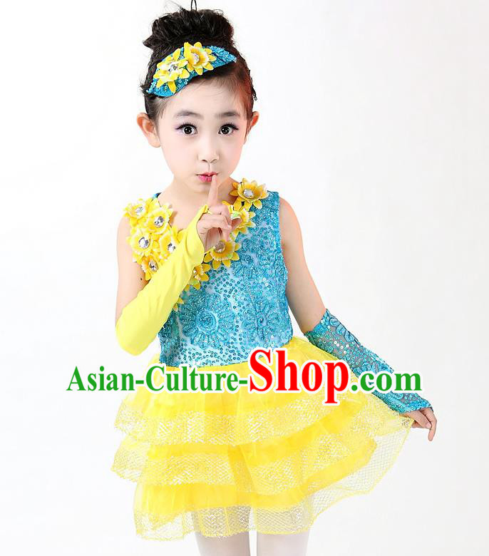 Top Grade Professional Performance Catwalks Costume, Children Chorus Full Dress Modern Dance Little Princess Paillette Yellow Bubble Dress for Girls Kids