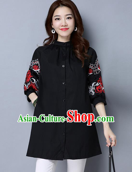 Traditional Chinese National Costume, Elegant Hanfu Embroidery Black Shirt, China Tang Suit Chirpaur Blouse Cheong-sam Upper Outer Garment Qipao Shirts Clothing for Women