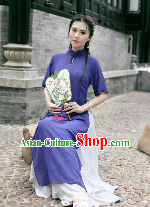 Traditional Ancient Chinese National Costume, Elegant Hanfu Mandarin Qipao Linen Double-deck Dress, China Tang Suit Stand Collar Chirpaur Republic of China Cheongsam Upper Outer Garment Elegant Dress Clothing for Women