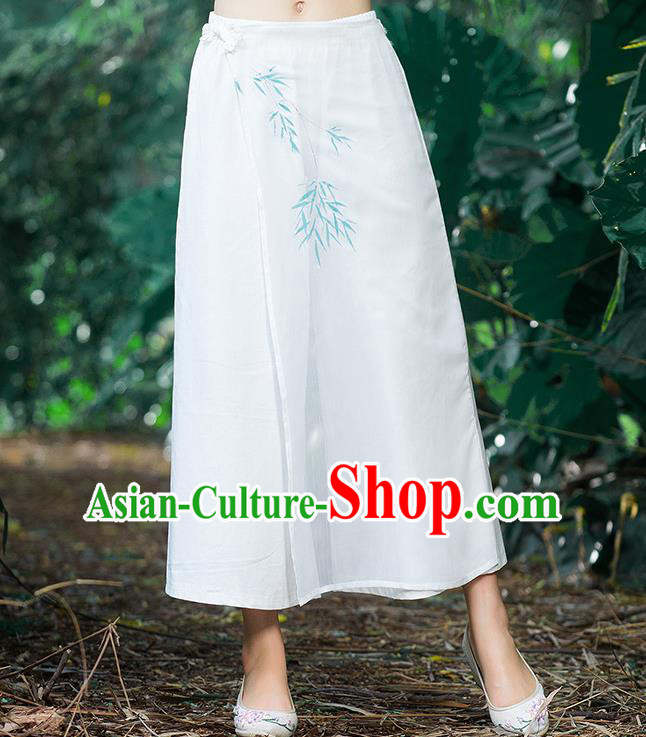 Traditional Chinese National Costume Loose Pants, Elegant Hanfu Hand Painting Bamboo leaves Chiffon White Wide leg Pants, China Ethnic Minorities Tang Suit Ultra-wide-leg Trousers for Women