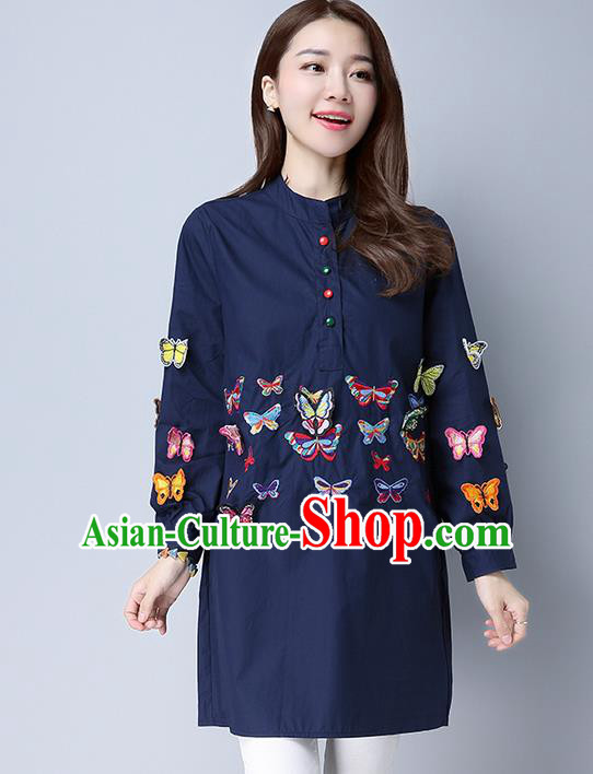 Traditional Chinese National Costume, Elegant Hanfu Patch Embroidery Butterfly Navy Shirt, China Tang Suit Republic of China Chirpaur Blouse Cheong-sam Upper Outer Garment Qipao Shirts Clothing for Women