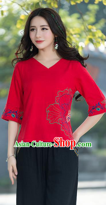 Traditional Chinese National Costume, Elegant Hanfu Embroidery Flowers Red T-Shirt, China Tang Suit Republic of China Chirpaur Blouse Cheong-sam Upper Outer Garment Qipao Shirts Clothing for Women