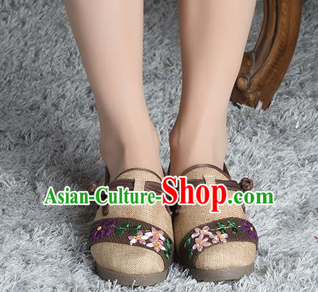 Traditional Chinese Shoes, China Handmade Linen Embroidered Wheat Shoes, Ancient Princess Cloth Shoes for Women