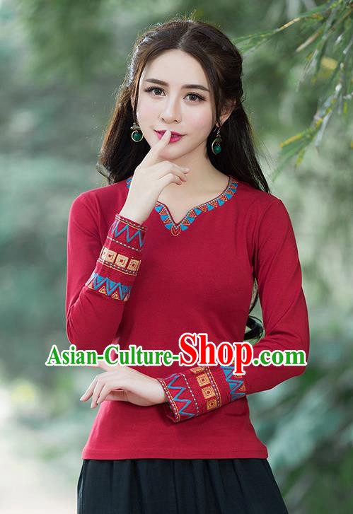 Traditional Chinese National Costume, Elegant Hanfu Embroidery Red T-Shirt, China Tang Suit National Minority Blouse Cheong-sam Upper Outer Garment Qipao Shirts Clothing for Women