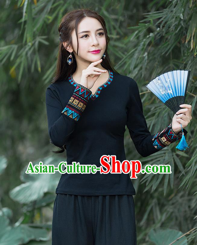 Traditional Chinese National Costume, Elegant Hanfu Embroidery Black T-Shirt, China Tang Suit National Minority Blouse Cheong-sam Upper Outer Garment Qipao Shirts Clothing for Women
