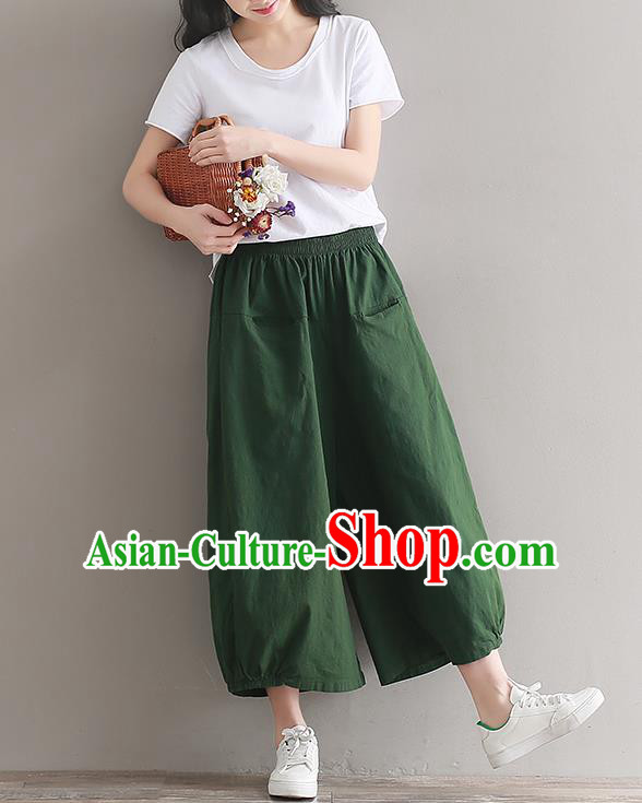 Traditional Chinese National Costume Loose Pants, Elegant Hanfu Linen Green Wide leg Pants, China Ethnic Minorities Tang Suit Ultra-wide-leg Trousers for Women
