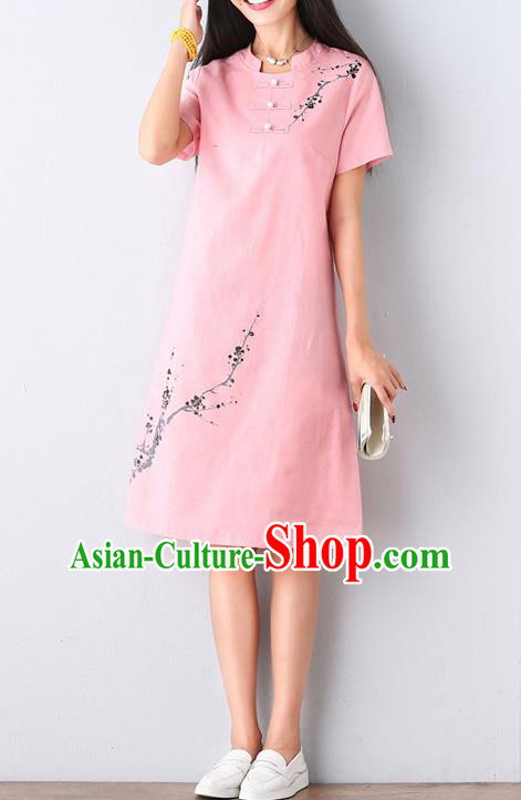 Traditional Ancient Chinese National Costume, Elegant Hanfu Mandarin Qipao Hand Ink Painting Pink Dress, China Tang Suit Mandarin Collar Chirpaur Republic of China Cheongsam Upper Outer Garment Elegant Dress Clothing for Women