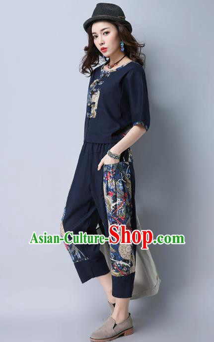 Traditional Chinese National Costume, Elegant Hanfu Embroidery Navy T-Shirt and Loose Pants Complete Set, China Tang Suit Plated Buttons Blouse and Dockers for Women