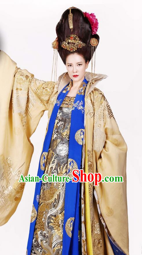 Traditional Ancient Chinese Elegant Queen Mother Costume, Chinese Ancient Han Dynasty Palace Lady Dress, Cosplay Chinese Television Drama Above The Clouds Empress Dowager Hanfu Trailing Embroidery Clothing for Women