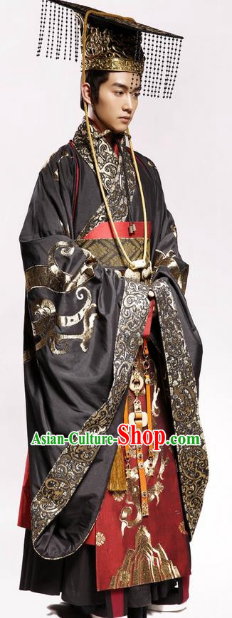 Traditional Chinese Ancient Emperor Costumes and Hat Complete Set, Chinese Teleplay Above The Clouds Role Han Dynasty King Robe, China Majesty Embroidery Hanfu Clothing for Men