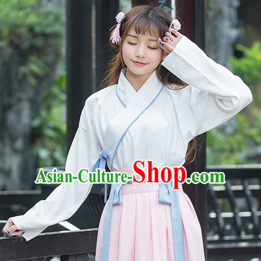 Traditional Ancient Chinese Costume, Elegant Hanfu Clothing Embroidered Slant Opening White Blouse, China Tang Dynasty Princess Elegant Blouse for Women