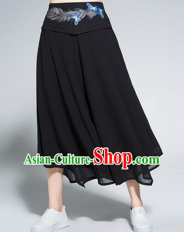 Traditional Chinese National Costume Loose Pants, Elegant Hanfu Embroidered Belt Chiffon Black Wide leg Pants, China Ethnic Minorities Tang Suit Ultra-wide-leg Trousers for Women
