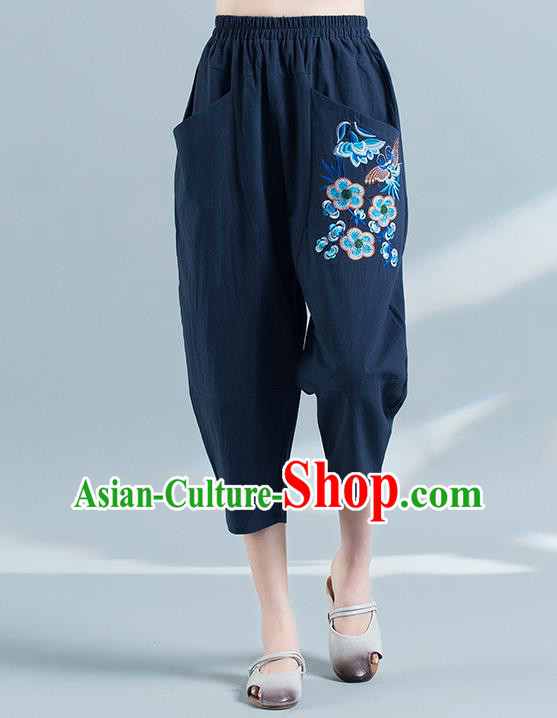 Traditional Chinese National Costume Plus Fours, Elegant Hanfu Embroidered Folk Dance Navy Bloomers, China Ethnic Minorities Tang Suit Pantalettes for Women
