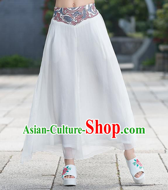 Traditional Chinese National Costume Loose Pants, Elegant Hanfu Embroidered Waistband Chiffon White Wide leg Pants, China Ethnic Minorities Tang Suit Folk Dance Ultra-wide-leg Trousers for Women