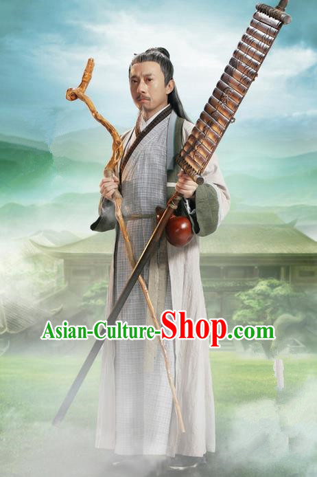 Traditional Ancient Chinese Swordsman Costume, Chinese Jiang hu Taoist Priest Dress, Cosplay Chinese Television Drama Jade Dynasty Qing Yun Faction Old Michinaga Hanfu Clothing for Men