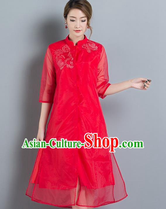 Traditional Ancient Chinese National Costume, Elegant Hanfu Mandarin Qipao Red Embroidery Dress, China Tang Suit Chirpaur Upper Outer Garment Elegant Dress Clothing for Women