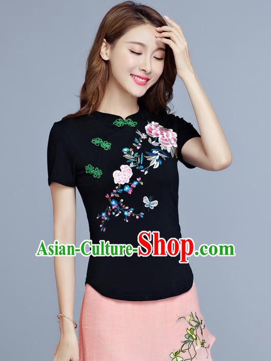 Traditional Chinese National Costume, Elegant Hanfu Embroidery Flowers Slant Opening Black T-Shirt, China Tang Suit Plated Buttons Chirpaur Blouse Cheong-sam Upper Outer Garment Qipao Shirts Clothing for Women