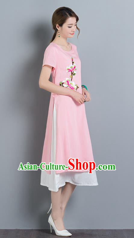 Traditional Ancient Chinese National Costume, Elegant Hanfu Mandarin Qipao Linen Embroidery Pink Dress, China Tang Suit Cheongsam Elegant Dress Clothing for Women