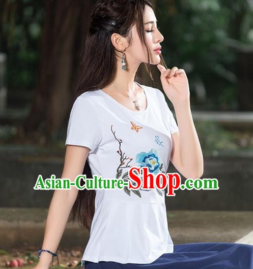 Traditional Chinese National Costume, Elegant Hanfu Embroidery White T-Shirt, China Tang Suit Cheong-sam Upper Outer Garment Qipao Shirts Clothing for Women