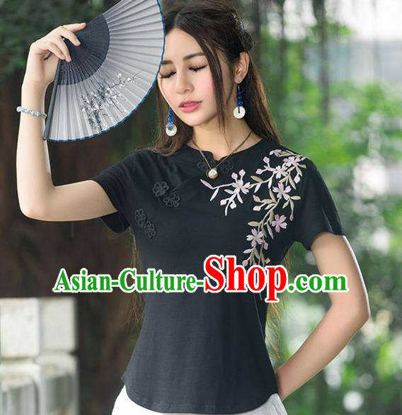 Traditional Chinese National Costume, Elegant Hanfu Embroidery Stand Collar Black T-Shirt, China Tang Suit Cheong-sam Blouse Upper Outer Garment Qipao Shirts Clothing for Women