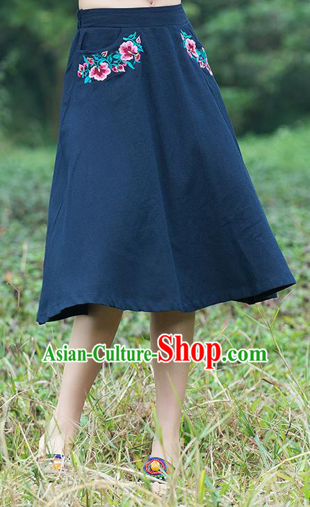 Traditional Ancient Chinese National Pleated Skirt Costume, Elegant Hanfu Linen Embroidery Navy Dress, China Tang Suit Bust Skirt for Women