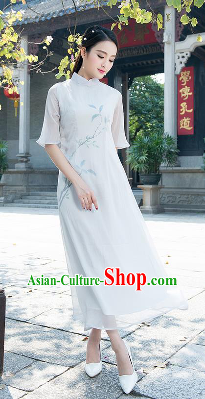 Traditional Ancient Chinese National Costume, Elegant Hanfu Mandarin Qipao Hand Painting Grey Dress, China Tang Suit Chirpaur Elegant Dress Clothing for Women