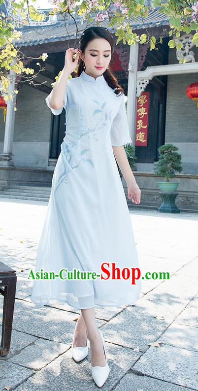 Traditional Ancient Chinese National Costume, Elegant Hanfu Mandarin Qipao Hand Painting Blue Dress, China Tang Suit Chirpaur Elegant Dress Clothing for Women