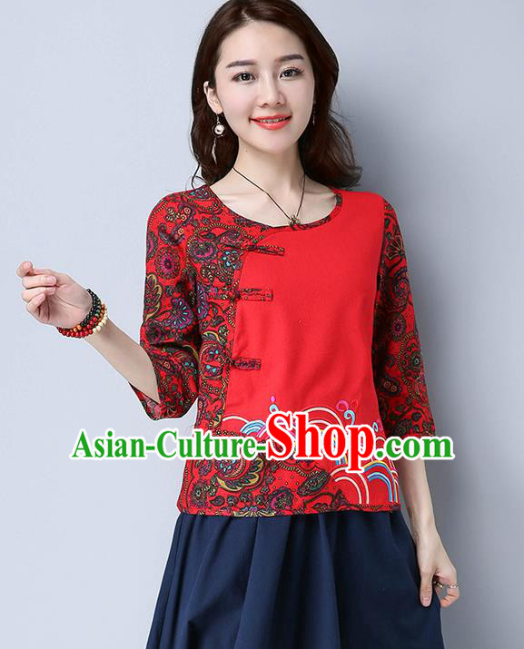 Traditional Chinese National Costume, Elegant Hanfu Embroidery Flowers Linen Red T-Shirt, China Tang Suit Chirpaur Blouse Cheong-sam Upper Outer Garment Qipao Shirts Clothing for Women