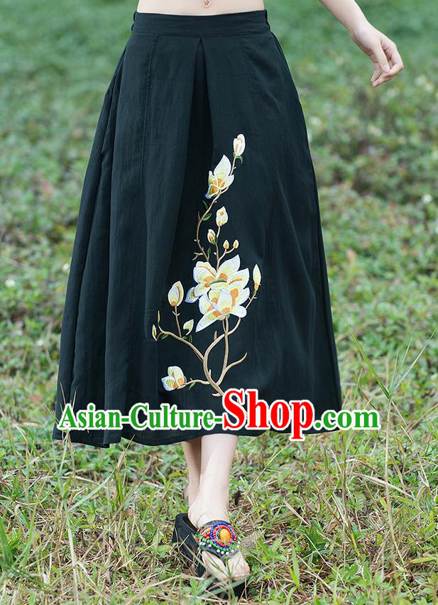 Traditional Ancient Chinese National Pleated Skirt Costume, Elegant Hanfu Linen Embroidery Long Black Dress, China Tang Suit Bust Skirt for Women