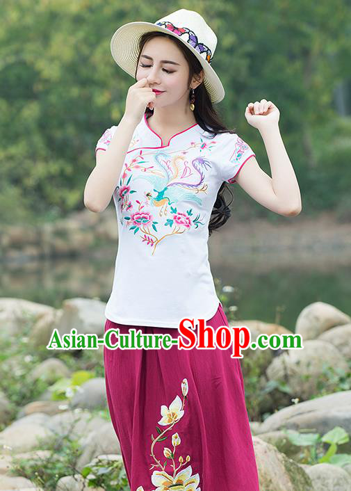 Traditional Chinese National Costume, Elegant Hanfu Embroidery Flowers Stand Collar White T-Shirt, China Tang Suit Chirpaur Blouse Cheong-sam Upper Outer Garment Qipao Shirts Clothing for Women