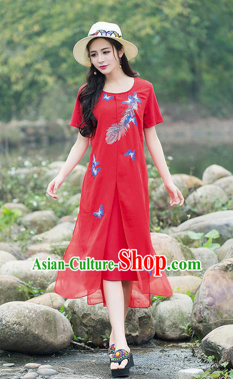 Traditional Ancient Chinese National Costume, Elegant Hanfu Embroidered Red Big Swing Dress, China Tang Suit Chirpaur Cheongsam Elegant Dress Clothing for Women