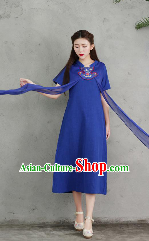 Traditional Ancient Chinese National Costume, Elegant Hanfu Embroidery Blue Stand Collar Dress, China Tang Suit Chirpaur Upper Outer Garment Elegant Dress Clothing for Women
