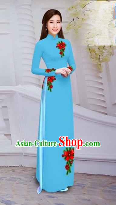 Top Grade Asian Vietnamese Traditional Dress, Vietnam Bride Ao Dai Hand Printing Flowers Dress, Vietnam Princess Blue Dress Cheongsam Clothing for Women